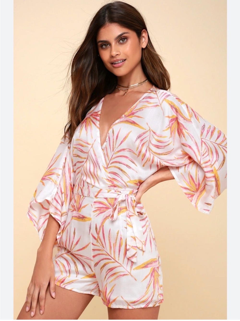 Amuse Society White Romper with Pink & Yellow Palm Print AZ0800